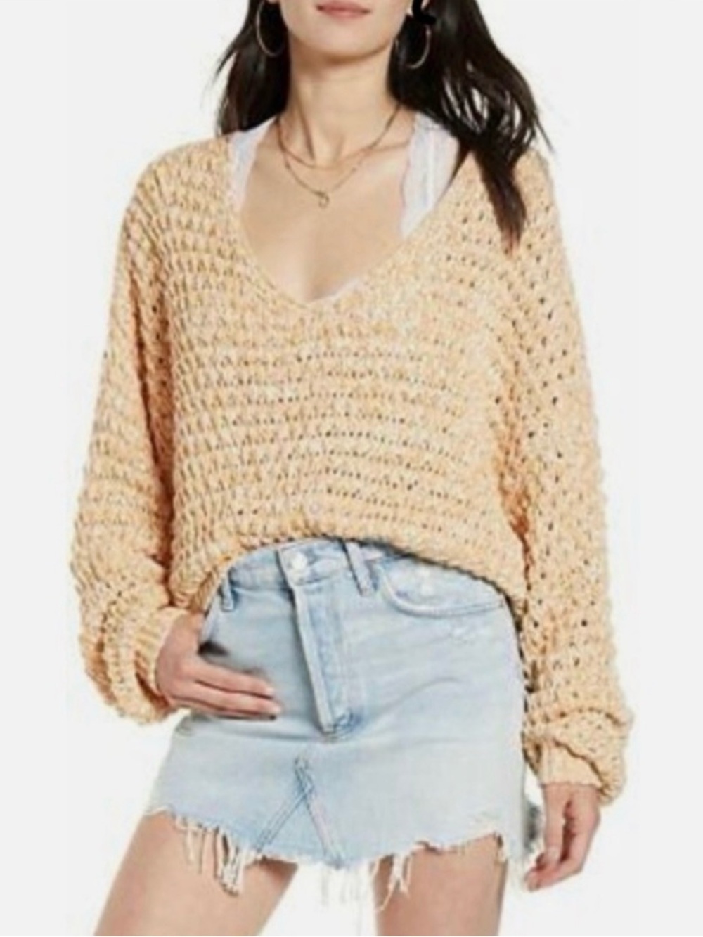 Free People Coconut V-Neck Open Knit Sweater Sandy Combo Tan Cream Small Boho